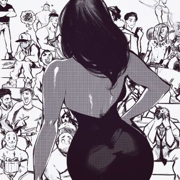 1girl 6+boys artist_self-insert ass backboob backless_dress backless_outfit bad_id bad_twitter_id breasts commentary crowd curvy dark-skinned_female dark_skin dress english_commentary greyscale high_contrast highres medium_hair monochrome multiple_boys narrow_waist original real_life_insert robaato screentones sitting sleeveless sleeveless_dress solo_focus speech_bubble spoken_squiggle squiggle strapless strapless_dress thought_bubble very_dark_skin wide_hips