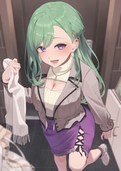 1girl bag barbell_piercing belt black_belt black_eyeshadow breasts butterfly_hair_ornament cleavage cleavage_cutout clothing_cutout commentary_request cross-laced_clothes cross-laced_skirt cross-laced_slit door doorway ear_piercing earrings eyeshadow green_hair grey_jacket hair_behind_ear hair_ornament hairclip handbag highres holding holding_unworn_clothes holding_unworn_scarf jacket jewelry komito_(komito5310) large_breasts long_hair long_sleeves looking_at_viewer makeup miniskirt mole mole_on_breast necklace open-chest_sweater open_mouth piercing pom_pom_(clothes) pom_pom_earrings pov purple_eyes purple_nails purple_skirt ribbed_sweater scarf shoes skirt smile solo_focus sweater turtleneck turtleneck_sweater unworn_scarf virtual_youtuber vspo! white_shoes white_sweater yakumo_beni yakumo_beni_(3rd_costume)