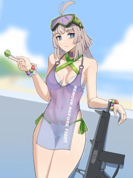 1girl aa-12 aa-12_(girls&#039;_frontline) aa-12_(the_sun_never_rises)_(girls&#039;_frontline) absurdres apron bikini blue_eyes blurry breasts depth_of_field expressionless gar32 girls&#039;_frontline girls&#039;_frontline_2:_exilium gun highres lind_(girls&#039;_frontline_2) official_alternate_costume outdoors see-through_apron see-through_clothes shotgun side-tie_bikini_bottom solo swimsuit weapon white_bikini
