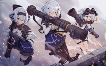 3girls at4 at4_(girls'_frontline) black_pantyhose blue_eyes blue_skirt breasts buckle cleavage embers eyes_visible_through_hair feet_out_of_frame fingerless_gloves girls'_frontline gloves goggles goggles_on_head gun hair_ornament hair_over_one_eye hairband handgun highres holding holding_gun holding_rocket_launcher holding_weapon holster holstered man-portable_anti-tank_systems medium_breasts miniskirt multiple_girls necktie night_vision_device official_art over_shoulder pantyhose partially_fingerless_gloves pleated_skirt pouch rebar recoilless_gun rocket_launcher shirt shoes short_hair single_thighhigh skindentation skirt smoke snap-fit_buckle socks submachine_gun tactical_clothes tec-9 terras thigh_holster thigh_pouch thigh_strap thighhighs weapon weapon_over_shoulder white_hair white_shirt