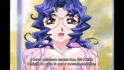 1girl aasu_shii animated anime_screenshot blue_hair blue_shirt blush breasts breasts_squeezed_together cleavage closed_eyes collarbone compilation cross cross_necklace curly_hair english_text glasses grabbing_own_breast groping highres indoors jewelry large_breasts looking_at_viewer necklace necklace_between_breasts orange_eyes puni_puni_poemi puni_puni_poemy shiny_skin shirt solo sound subtitled tagme talking upper_body video