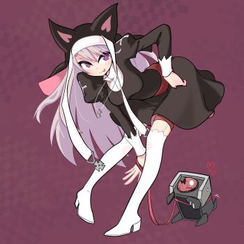 Rule 34 | 1girl, :p, absurdres, animal hood, artistic error, bad reflection, bent over, blush, boots, breasts, commentary, cross, cross necklace, dinergate (girls' frontline), elflorri, female focus, full body, garter belt, girls' frontline, highres, hood, jewelry, light purple hair, long hair, looking at viewer, medium breasts, necklace, nun, p7 (girls' frontline), panties, purple eyes, reflection, simple background, solo, thigh boots, thighhighs, tongue, tongue out, underwear, when you see it, white panties