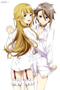 Rule 34 | 2girls, absurdres, ange (princess principal), ass, black choker, blonde hair, blue eyes, braid, breasts, brown hair, choker, cleavage, collarbone, collared shirt, garter straps, hair flaps, highres, holding hands, long hair, long sleeves, looking at viewer, looking back, magazine scan, megami magazine, multiple girls, official art, open mouth, princess (princess principal), princess principal, scan, shirt, short hair, simple background, small breasts, smile, thighhighs, thighs, white background, white shirt, white thighhighs, yuri