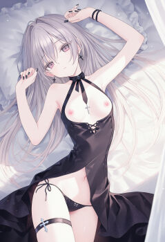 1girl absurdres armpits black_bow black_bowtie black_dress black_nails black_panties bow bow_panties bowtie breastless_clothes breasts breasts_out cc_lin chinese_commentary commentary_request cowboy_shot cross cross_earrings dress earrings expressionless fingernails grey_eyes grey_hair hair_intakes hair_spread_out hands_up head_on_pillow highres jewelry light_particles long_hair looking_at_viewer lying nail_polish navel nipples on_back on_bed original panties parted_lips pillow side-tie_panties side_slit sleeveless sleeveless_dress slit_pupils small_breasts solo straight_hair string_panties thigh_strap underwear wristband