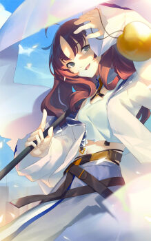 1girl :d ahoge apple arknights arm_up belt blue_sky day food fruit golden_apple green_eyes highres jacket long_hair long_skirt looking_at_viewer midriff_peek myrtle_(arknights) navel open_clothes open_jacket open_mouth outdoors purple_skirt red_hair shirt skirt sky smile solo vitamin_b2 white_jacket white_shirt wrist_cuffs