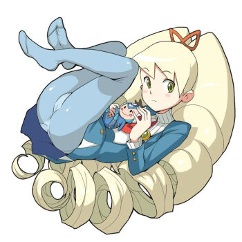 Rule 34 | 1girl, bad id, blonde hair, blue dress, blue pantyhose, bow, dress, drill hair, geo stelar (mega man), green eyes, hair bow, heriyama, holding, holding stuffed toy, long hair, looking at viewer, luna platz (mega man), mega man (series), mega man star force (series), panties, panties under pantyhose, pantyhose, simple background, star force mega man, stuffed animal, stuffed toy, twin drills, underwear, very long hair, white background