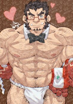 1boy abs arm_hair bara black_bow black_bowtie blush bow bowtie bulge colored_skin cowboy_shot detached_collar excessive_pubic_hair facial_hair forked_eyebrows fundoshi hachimaki headband heart highres incoming_gift japanese_clothes large_pectorals leg_hair looking_at_viewer male_focus mature_male muscular muscular_male mutton_chops navel navel_hair nejiri_hachimaki nipples one_eye_closed pectorals pubic_hair pubic_hair_peek red_skin sanpaku shirako_(kirupi) short_hair smile solo sparse_chest_hair standing stomach straight-on tajikarao_(housamo) thick_eyebrows thick_thighs thighs tokyo_houkago_summoners too_many_watermarks topless_male tusks veins veiny_arms very_hairy watermark