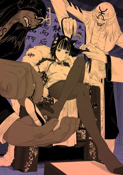 1girl animal_ears black_pantyhose brushing_hair cat_ears china_dress chinese_clothes comb crossed_legs dress dressing eat eat0123 feet head_rest highres monochrome monster mosina no_shoes original pantyhose sitting throne toes