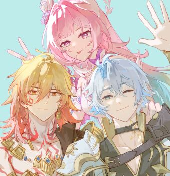 Rule 34 | 1girl, 2boys, blonde hair, blue background, blue eyes, breasts, chest tattoo, chinese commentary, coat, commentary request, cyrene (honkai: star rail), cyrene (ripples of past reverie) (honkai: star rail), diamond-shaped pupils, diamond (shape), dress, earrings, gold necklace, gold tattoo, highres, honkai: star rail, honkai (series), huohuli548, jewelry, large breasts, long hair, looking at viewer, medium hair, multiple boys, mydei (honkai: star rail), neck tattoo, necklace, phainon (honkai: star rail), pink hair, pointy ears, purple eyes, red tattoo, short hair, symbol-shaped pupils, tattoo, tongue, tongue out, very long hair, white coat, white dress, yellow eyes