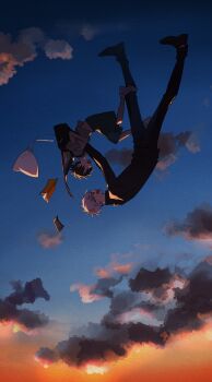 2boys absurdres black_hair black_pants blue_sky book choppy_bangs closed_eyes cloud cloudy_sky commentary_request falling falling_object full_body gojou_satoru gradient_sky highres jujutsu_kaisen long_sleeves looking_at_another multiple_boys open_mouth outdoors pants school_uniform shoes short_hair short_sleeves sky sneakers sunset tachibana_(tachibanakimi) upside-down white_hair white_shoes