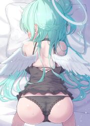 Rule 34 | 1girl, all fours, angel wings, ass, backboob, bed sheet, black camisole, black choker, black panties, blush, braid, breasts, breath, camisole, choker, commentary request, cross, feathered wings, flower, from above, green hair, hair bun, hair flower, hair ornament, halo, highres, large breasts, long hair, mikaze oto, original, paid reward available, panties, single side bun, solo, string panties, sweat, underwear, underwear only, very long hair, white flower, white wings, wings