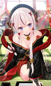 1girl airani_iofifteen airani_iofifteen_(new_year) bell beret black_choker black_gloves black_hat black_kimono blue_hair blunt_bangs blurry blurry_background breasts bridal_gauntlets calligraphy_brush cherry_blossoms choker cleavage closed_mouth colored_inner_hair commentary_request gloves hat holding holding_calligraphy_brush holding_paintbrush hololive hololive_indonesia japanese_clothes jingle_bell kimono lace lace_gloves large_breasts long_hair long_sidelocks long_sleeves looking_at_viewer multicolored_hair neck_bell obi off_shoulder official_alternate_costume official_alternate_hairstyle official_artist_extra paintbrush print_kimono purple_eyes red_sash red_shawl sash seiza shawl sidelocks sitting smile solo starry_sky_print straight-on very_long_hair very_long_sidelocks virtual_youtuber white_hair wide_sleeves yano_mitsuki_(nanairo)