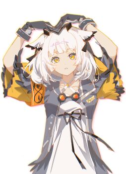 1girl arknights armband arms_up bird_girl black_ribbon collarbone commentary dot_nose dress feather_hair gloves goggles goggles_around_neck grey_gloves grey_jacket halterneck heart_arms highres indai_(3330425) jacket looking_at_viewer medium_hair open_mouth orange_armband orange_eyes outline owl_ears owl_girl ptilopsis_(arknights) rhine_lab_logo ribbon simple_background solo symbol-only_commentary teeth white_background white_dress white_hair