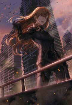 1girl black_bodysuit black_jacket blackbox_(blackbox9158) bodysuit brown_eyes brown_hair building cowboy_shot floating_hair from_below jacket long_hair official_art omniscient_reader's_viewpoint outdoors pink_clouds purple_sky railing simple_bird sky skyscraper solo standing sunset third-party_source wind yoo_sangah