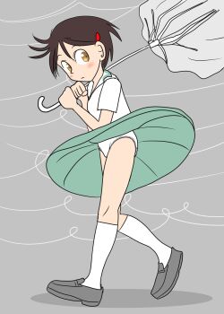 1girl blush brown_hair crotch_seam flat_chest green_skirt grey_background grey_shoes hair_ornament hairclip holding holding_umbrella inverted_umbrella kneehighs loli looking_back original panties school_uniform sexless2012 shirt shoes short_hair short_sleeves skirt socks umbrella underwear walking white_panties white_shirt white_socks wind wind_lift yellow_eyes