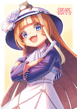 akikawa_yayoi's_cat akikawa_yayoi_(umamusume) animal animal_ears animal_on_head ascot blue_eyes blue_jacket blush cat cat_on_head commentary_request creape crossed_arms fang hat highres jacket long_hair long_sleeves looking_at_viewer multicolored_hair on_head open_mouth orange_hair skirt smile streaked_hair sun_hat umamusume white_ascot white_hair white_skirt