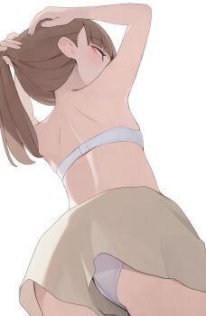 1girl ass bra brown_hair brown_skirt commentary flat_chest from_behind highres hiroki_(yyqw7151) original panties ponytail simple_background skirt solo underwear white_background white_bra white_panties