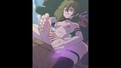 1girl animated bar_censor barefoot breasts censored completely_nude cum ejaculation feet footjob funen_gomi_m glansjob green_hair hairdressing handjob highres long_hair looking_at_viewer nipples nude parted_lips penis pointless_censoring portal_(object) purple_eyes side_ponytail soles sound sousou_no_frieren tagme toes ubel_(sousou_no_frieren) video