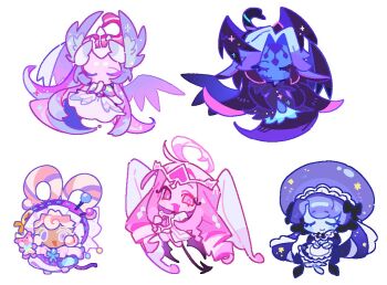 Rule 34 | 5girls, apron, black bow, black dress, black sugar swan cookie, black wings, blue hair, blue skin, bow, chis74, circlet, closed eyes, closed mouth, colored skin, cookie run, cookie run: kingdom, cookie run: ovenbreak, dress, eternal sugar cookie, frilled jellyfish cookie, frilled jellyfish cookie (friendly hotel maid), gloves, hair bow, halo, head wings, jellyfish girl, lollipop cookie, lollipop cookie (attic's little stitcher), long hair, low twintails, multiple girls, pink eyes, pink hair, simple background, smile, sugar swan cookie, twintails, very long hair, white apron, white background, white dress, white gloves, white wings, wings