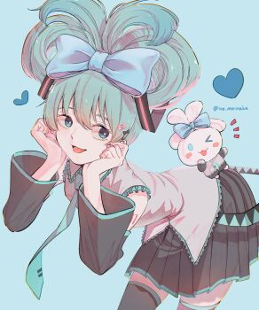 Rule 34 | 1girl, :d, aqua hair, arm tattoo, bent over, black bow, black skirt, black sleeves, black thighhighs, blue bow, blue eyes, blue necktie, bow, cinnamiku, cinnamoroll, collared shirt, detached sleeves, frilled shirt, frilled shirt collar, frills, fuwa fuwa cinnamoroll, grey shirt, hair bow, hands up, hatsune miku, heart, highres, ice morinaka, long sleeves, lower teeth only, miniskirt, multiple hair bows, necktie, number tattoo, open mouth, pink bow, pleated skirt, sanrio, shirt, short hair, skirt, smile, tattoo, teeth, thighhighs, twitter username, vocaloid, zettai ryouiki
