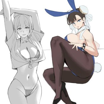 2girls absurdres alternate_costume animal_ears arms_up bikini black_shoes blue_eyes bracelet breasts brocade brown_pantyhose capcom character_request chun-li detached_collar fake_animal_ears fake_tail hair_bun highres jewelry large_breasts looking_at_viewer multiple_girls nankam76 pantyhose parted_lips playboy_bunny rabbit_ears rabbit_tail shirt shoes short_sleeves simple_background sitting smile spiked_bracelet spikes standing street_fighter swimsuit tail white_background