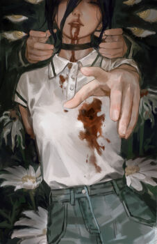 1girl 1other absurdres black_choker blood blood_from_mouth blood_on_clothes bomb_devil_(chainsaw_man) chainsaw_man choker commentary_request flower hair_between_eyes highres injury long_hair_between_eyes nosebleed reze_(chainsaw_man) shirt solipsist solo_focus white_shirt