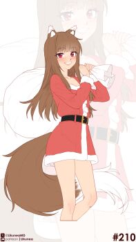 1girl absurdres animal_ears belt black_belt blush brown_hair christmas commentary dress english_commentary grin highres holding holding_sack holo likunea long_hair looking_at_viewer patreon_logo patreon_username red_dress red_eyes sack santa_costume santa_dress sidelocks simple_background smile solo solo_focus spice_and_wolf tail twitter_username twitter_x_logo wolf_ears wolf_girl wolf_tail zoom_layer