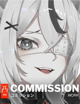 1girl black_eyes black_streaks character_request commentary commission copyright_request crossed_bangs double-parted_bangs english_commentary eyepatch grey_hair hair_between_eyes hair_ornament highres looking_at_viewer medium_hair multicolored_hair nishizuu one_eye_covered open_mouth portrait raised_inner_eyebrows single_hair_streak smile solo streaked_hair symbol-shaped_pupils x_hair_ornament