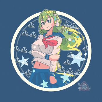 Rule 34 | 1girl, alternate costume, blue background, blue skirt, blush, breasts, bright pupils, closed mouth, commentary, frog hair ornament, green eyes, green hair, hair ornament, hair tubes, hand on own arm, highres, keroyan, kochiya sanae, large breasts, long sleeves, looking at viewer, midriff peek, navel, school uniform, serafuku, shirt, single hair tube, skirt, smile, snake hair ornament, solo, touhou, twitter username, white pupils, white serafuku, white shirt