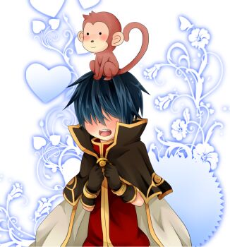 1boy animal animal_on_head blue_background blue_hair blush brown_capelet brown_gloves cape capelet commentary_request gloves hair_between_eyes hair_over_eyes long_bangs male_focus meiko_(nattu303) monkey on_head open_mouth ragnarok_online red_shirt shirt short_hair solo upper_body white_background white_cape wizard_(ragnarok_online) yoyo_(ragnarok_online)