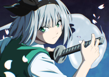 Rule 34 | 1girl, black hairband, closed mouth, commentary, falling petals, green eyes, green vest, grey hair, hairband, hitodama, holding, holding sword, holding weapon, inuno rakugaki, katana, konpaku youmu, konpaku youmu (ghost), looking at another, looking at viewer, petals, sheath, sheathed, shirt, solo, sword, touhou, vest, weapon, white shirt