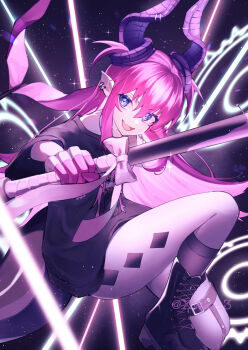 Rule 34 | 1girl, baseball bat, black boots, black shirt, black socks, black tail, blue eyes, body markings, boots, colored fingertips, commentary, curled horns, diamond (shape), dragon girl, dragon horns, dragon tail, ear piercing, elizabeth bathory (fate), elizabeth bathory (perfect) (fate), elizabeth bathory (perfect) (first ascension) (fate), fang, fate/grand order, fate (series), hair between eyes, highres, holding, holding baseball bat, horn piercing, horns, kneehighs, lace-up boots, leg up, legwear garter, light particles, long hair, looking to the side, nail (hardware), nail bat, no pants, open mouth, papukin, piercing, pink hair, pointy ears, purple horns, shirt, short sleeves, single legwear garter, skin fang, smile, socks, solo, t-shirt, tail, twitter username, two side up