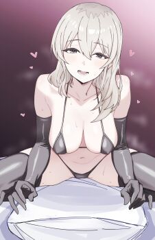 1girl bed bikini black_bikini black_gloves black_thighhighs breasts breasts_apart covered_erect_nipples cowgirl_position elbow_gloves girls_band_cry gloves gradient_background grey_eyes grey_hair hanging_breasts head_tilt highres kawaragi_momoka leaning_forward light_blush long_hair looking_at_viewer loving_aura medium_breasts micro_bikini multicolored_hair n_nai_nai_n navel on_bed open_mouth pillow pillow_straddling pink_background raised_eyebrows roots_(hair) shiny_clothes shiny_legwear shiny_swimsuit shoulder_blush sitting_on_pillow solo spread_legs steaming_body straddling straight-on string_bikini sweat swimsuit thighhighs