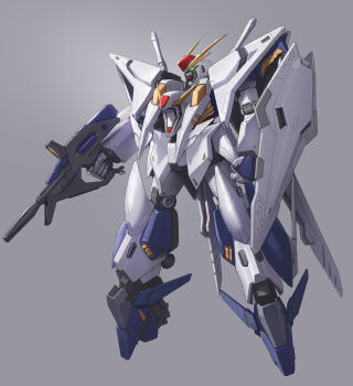 Rule 34 | arm shield, beam rifle, commentary, energy gun, full body, green eyes, grey background, gun, gundam, gundam: hathaway's flash, highres, hiyashiru, holding, holding gun, holding weapon, mecha, mecha focus, mobile suit, no humans, robot, science fiction, simple background, solo, thrusters, v-fin, weapon, xi gundam