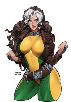 1girl belt bodysuit breasts brown_hair colored_bangs green_bodysuit green_eyes jacket large_breasts leather leather_jacket long_hair looking_at_viewer marvel multicolored_bodysuit multicolored_hair randgris rogue_(x-men) smile solo superhero_costume two-tone_bodysuit two-tone_hair white_hair x-men yellow_bodysuit