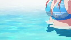1girl animated anime_screenshot bikini blue_bikini braid breasts brown_eyes brown_hair cleavage close-up collarbone highres kanojo_okarishimasu large_breasts mizuhara_chizuru partially_submerged pool sound swimsuit tagme video water