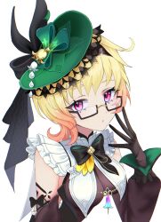 Rule 34 | 1girl, bad id, bad pixiv id, black-framed eyewear, black bow, black gloves, black ribbon, blonde hair, bow, breast curtains, breasts, commentary request, cowlick, detached sleeves, emilie (genshin impact), fascinator, genshin impact, glasses, gloves, gradient hair, green hat, hat, highres, inoue (4h9xxx), looking at viewer, medium breasts, multicolored hair, parted lips, pink eyes, ribbon, semi-rimless eyewear, simple background, solo, sparkle, white background