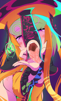 1girl blonde_hair blush chase_chase_jokers detached_sleeves erogomatinpo fangs fellatio_gesture frills hat heart heart-shaped_pupils jiangshi loli long_hair long_sleeves looking_at_viewer ofuda open_mouth oral_invitation orange_hair panties purple_background purple_eyes saliva shinazu_miyomi simple_background solo symbol-shaped_pupils tongue tongue_out underwear wide_sleeves