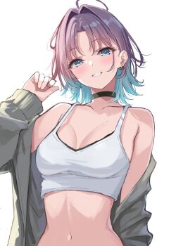 1girl ahoge asakura_toru bare_shoulders black_choker blue_eyes blue_hair breasts brown_hair choker collarbone colored_inner_hair commentary_request crop_top gradient_hair grey_jacket grin hatsu_(first_snow) highres idolmaster idolmaster_shiny_colors jacket looking_at_viewer medium_breasts medium_hair midriff multicolored_hair navel off_shoulder open_clothes open_jacket parted_bangs shirt simple_background sleeveless sleeveless_shirt smile solo stomach two-tone_hair upper_body white_background white_shirt