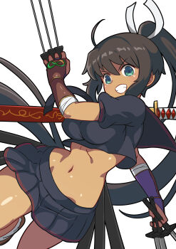 1girl absurdres black_skirt breasts cianter commentary dark-skinned_female dark_skin green_eyes grin highres homura_(senran_kagura) katana large_breasts long_hair looking_at_viewer navel ninja ponytail school_uniform senran_kagura skirt smile solo sword weapon