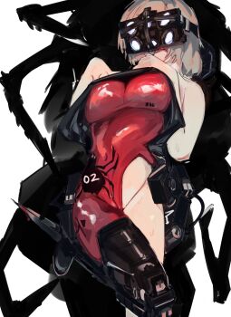 1girl absurdres blood bloody_knife bodysuit breasts bug cameltoe clothes_lift commentary cruncle02 cyberpunk cyborg head-mounted_display highres knife labia_slip large_breasts lifting_own_clothes mechanical_legs medium_hair original painterly red_bodysuit science_fiction shirt_lift single_mechanical_leg solo spider sweat symbol-only_commentary torn_bodysuit torn_clothes white_background