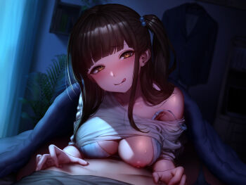 1boy 1girl :q bed black_hair blanket blunt_bangs blush bookshelf bra bra_slip breast_press breasts cleavage clothes_hanger clothes_lift collarbone curtains eatora fern formal_clothes girl_on_top grey_shirt hair_ornament hair_over_shoulder hand_on_another&#039;s_chest hetero in_heat large_breasts licking_lips long_hair looking_at_another looking_at_viewer lying lying_on_person naughty_face navel night nipples nose_blush on_person on_stomach one_breast_out orange_eyes original plant seductive_smile shared_blanket shelf shirt shirt_lift side_ponytail sidelocks smile suit tongue tongue_out under_covers underwear wavy_hair white_bra white_curtains white_shirt