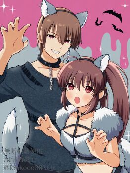 1boy 1girl :d :o ahoge alternate_costume animal_collar animal_ear_hairband animal_ears bell black_hairband black_sweater blush breasts brother_and_sister brown_hair chest_harness claw_pose collar collarbone commentary cowboy_shot eyes_visible_through_hair fake_animal_ears fake_tail fang grey_background grin hair_bell hair_between_eyes hair_ornament hairband halloween halloween_costume hands_up harness height_difference highres jingle_bell little_busters! long_hair looking_at_viewer natsume_kyousuke natsume_rin o-ring o-ring_harness open_mouth pink_background piyo_(kinkooo333) ponytail red_eyes short_hair siblings sidelocks simple_background small_breasts smile sparkle sweater tail torn_clothes torn_sweater tsurime twitter_username two-tone_background upper_body very_long_hair watermark werewolf_costume white_fur wolf_ears wolf_tail