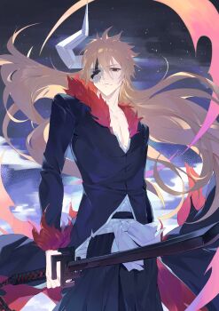 1boy absurdres bankai black_kimono bleach brown_eyes hair_between_eyes highres holding holding_sword holding_weapon hollow_(bleach) hollow_ichigo hollow_mask hollowfication horns japanese_clothes kimono kurosaki_ichigo long_hair long_sleeves looking_at_viewer male_focus orange_hair seizou_hidzuke shihakusho shinigami solo spiked_hair sword tensa_zangetsu_(bankai) weapon zanpakutou