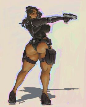 1girl absurdres arm_up artist_name ass belt black_eyes black_hair black_leotard black_shoes breasts brown_lips commentary commission curvy dark-skinned_female dark_skin derufiin from_behind full_body grin gun half-closed_eyes hand_on_own_head handgun high_heels highleg highleg_leotard highres holding holding_gun holding_weapon huge_ass large_breasts legs_apart leotard light_smile looking_at_viewer looking_back original parted_bangs parted_lips pistol pouch prosthesis prosthetic_arm revealing_clothes shadow shoes sideboob skindentation smile standing thick_thighs thighs thong_leotard utility_belt weapon white_background wide_hips