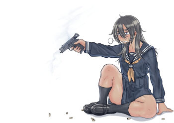 1girl absurdres black_hair black_serafuku blue_eyes cb_(c-board) commentary_request dark-skinned_female dark_skin gun handgun highres holding holding_gun holding_weapon kneehighs long_hair original school_uniform serafuku shell_casing sitting smoke socks solo sweatdrop weapon weapon_request white_background