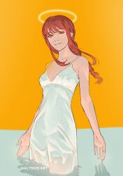 Rule 34 | alysius art, bare arms, bare shoulders, braid, braided ponytail, breasts, chainsaw man, cropped legs, dress, halo, highres, long hair, looking at viewer, makima (chainsaw man), red eyes, red hair, sidelocks, small breasts, twitter username, white dress