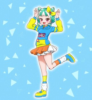 1girl :d arms_up blue_background blue_hoodie blunt_bangs bow chii_(chi_pppuri) chimumu commentary_request cone_hair_bun cosplay double_bun full_body green_hair hair_bow hair_bun highres hood hood_down hoodie idol_time_pripara leg_warmers long_sleeves looking_at_viewer multicolored_hair nijiiro_nino nijiiro_nino_(cosplay) open_mouth orange_skirt pretty_series pripara shoes short_hair sidelocks skirt smile solo standing standing_on_one_leg streaked_hair waccha_primagi! white_hair yellow_bow yellow_shoes