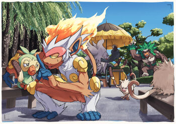 Rule 34 | annihilape, arm up, bench, border, chocolate-covered food, chocolate banana, clear sky, clenched teeth, colored sclera, commentary request, day, food, gen 1 pokemon, gen 4 pokemon, gen 8 pokemon, grookey, holding, how long, infernape, mankey, nintendo, no humans, open mouth, outdoors, pokemon, pokemon (creature), pokemon focus, rillaboom, sky, standing, sweatdrop, teeth, tree, umbrella, white border, yellow sclera