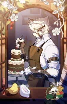 1boy absurdres animal_ears bicep_strap bird birthday birthday_cake black_gloves body_fur cake cherry chibi chibi_inset chinese_commentary closed_eyes closed_mouth colored_tips commentary dated decorating_baked_goods eyepatch fingerless_gloves flower food from_side fruit furry furry_male gloves hair_between_eyes happy_birthday hat highres holding holding_cake holding_food indoors looking_at_food male_focus multicolored_hair muzzle_(mask) official_art open_window open_window_shutter painting_(object) party_hat shirt sleeves_rolled_up smock solo von_lycaon white_fur white_hair white_shirt window wolf_boy wolf_ears zenless_zone_zero